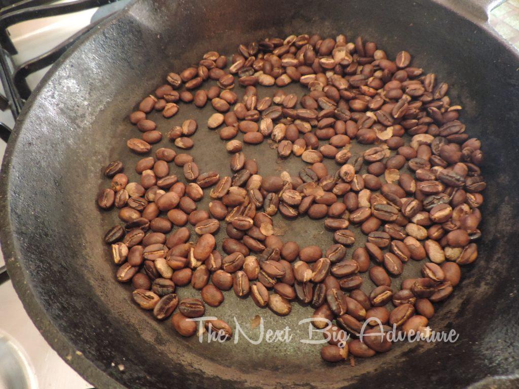 Our roasted beans. Our process, in a cast iron skillet, provided a bit of an inconsistent roast.