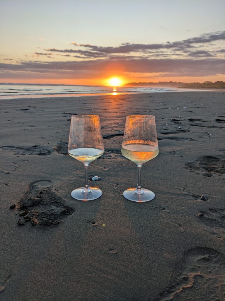 Wine glasses at sunset